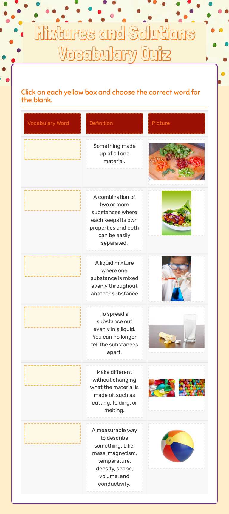 Mixtures and Solutions Vocabulary Quiz worksheet preview image