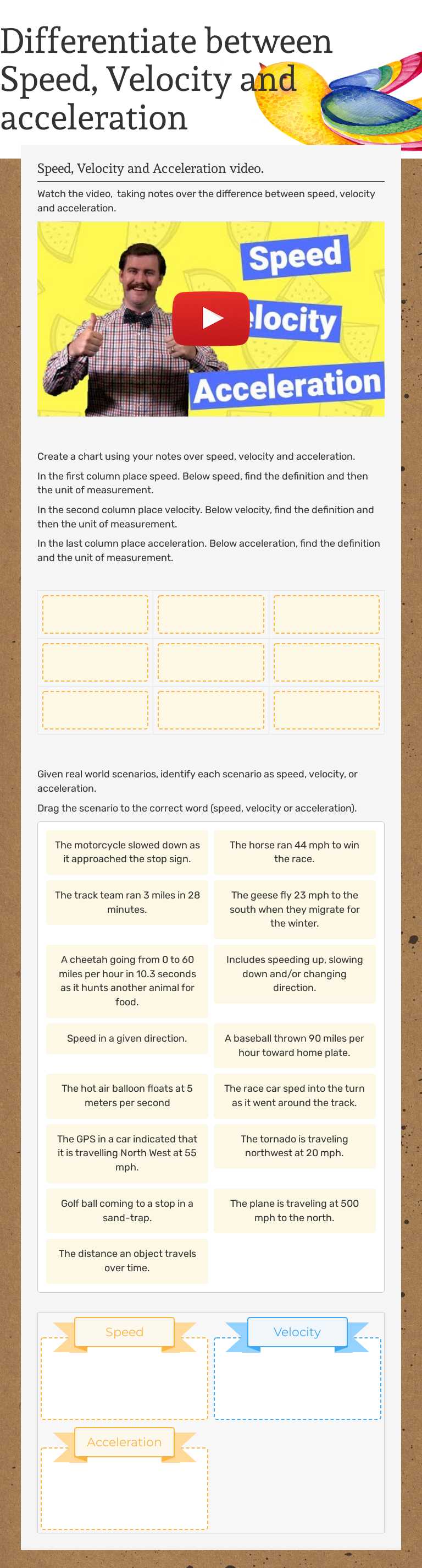 Differentiate between Speed, Velocity and acceleration worksheet preview image