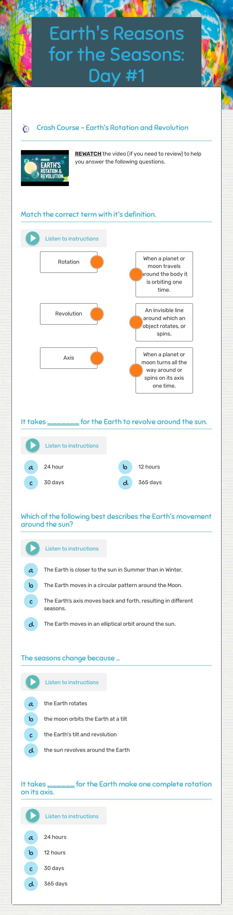 Earth's Reasons for the Seasons: Day #1 Grade 5 worksheet preview
