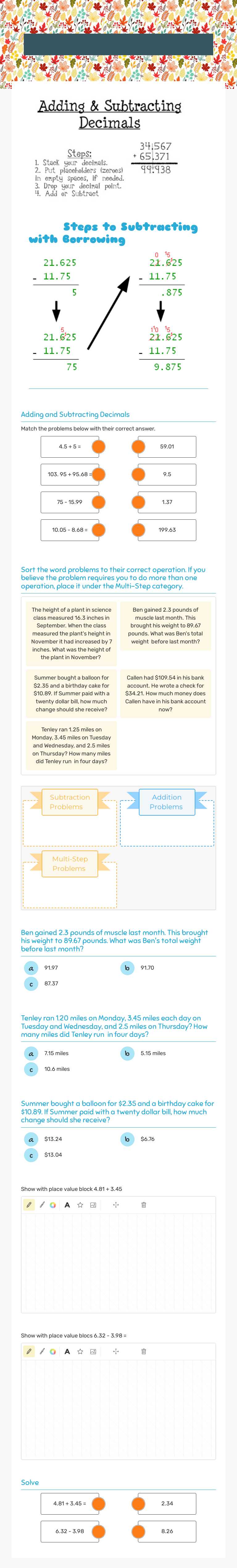 Adding and Subtracting Decimals worksheet preview image