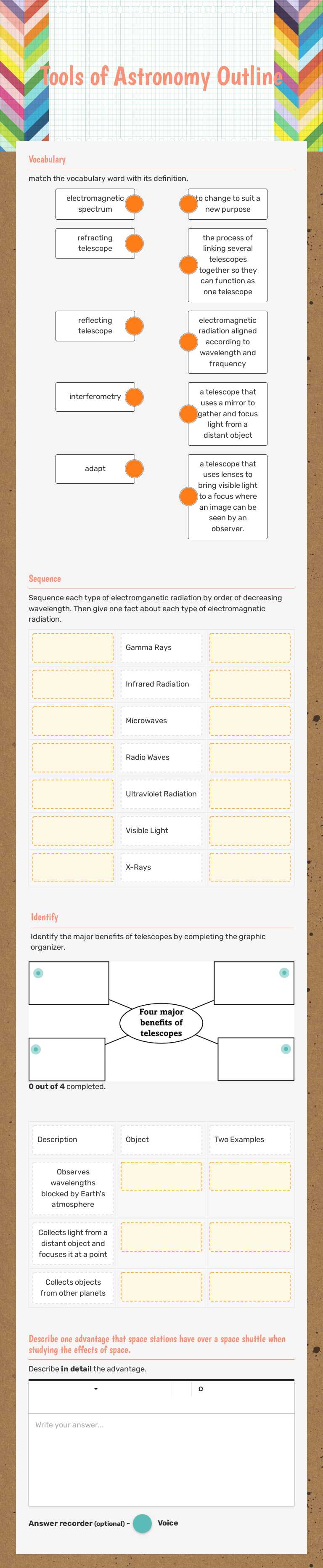 Tools of Astronomy Outline worksheet preview image