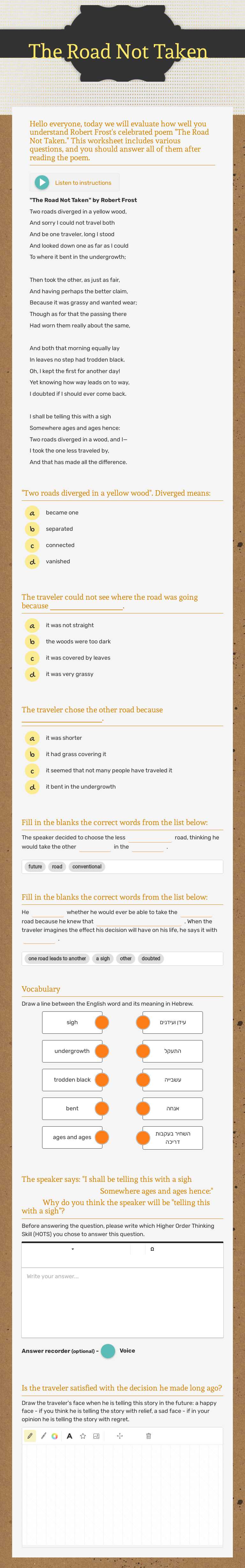 The Road Not Taken worksheet preview image