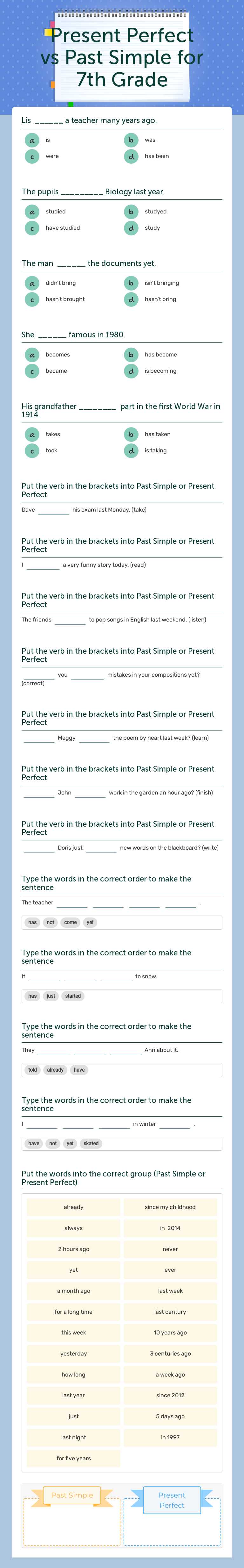 Present Perfect vs Past Simple  
 for 7th Grade worksheet preview image