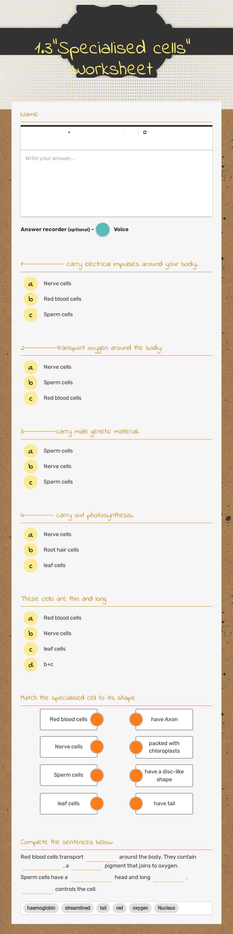 1.3"Specialised cells"
Worksheet Grade 8 worksheet preview