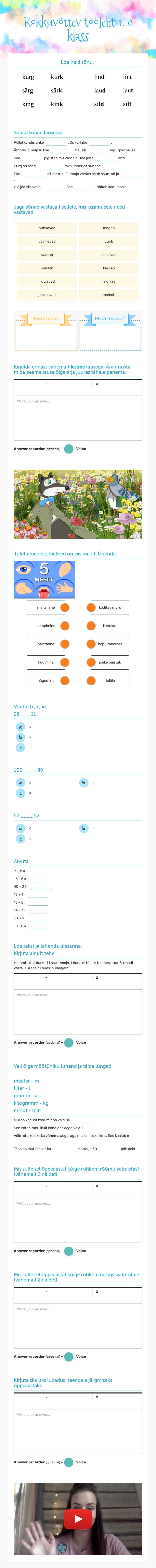 Kokkuvõttev tööleht
1. c klass Grade 1 worksheet preview