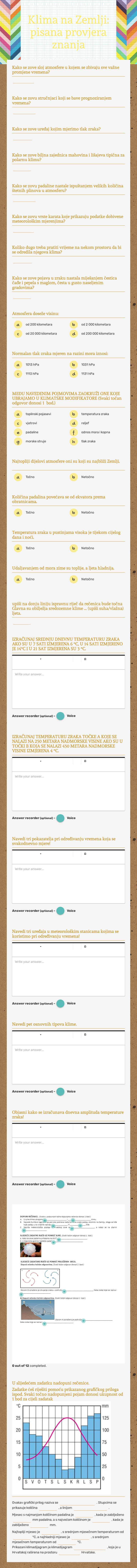 Klima na Zemlji: 
pisana provjera znanja worksheet preview image