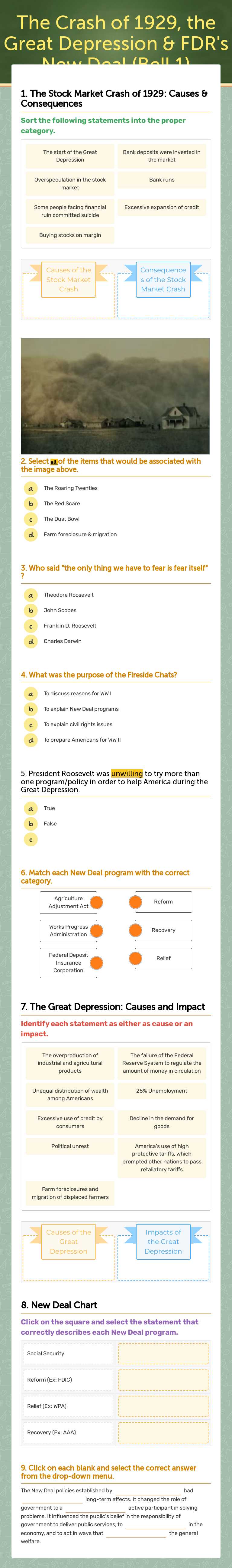 The Crash of 1929, the Great Depression & FDR's New Deal (Bell 1) worksheet preview image