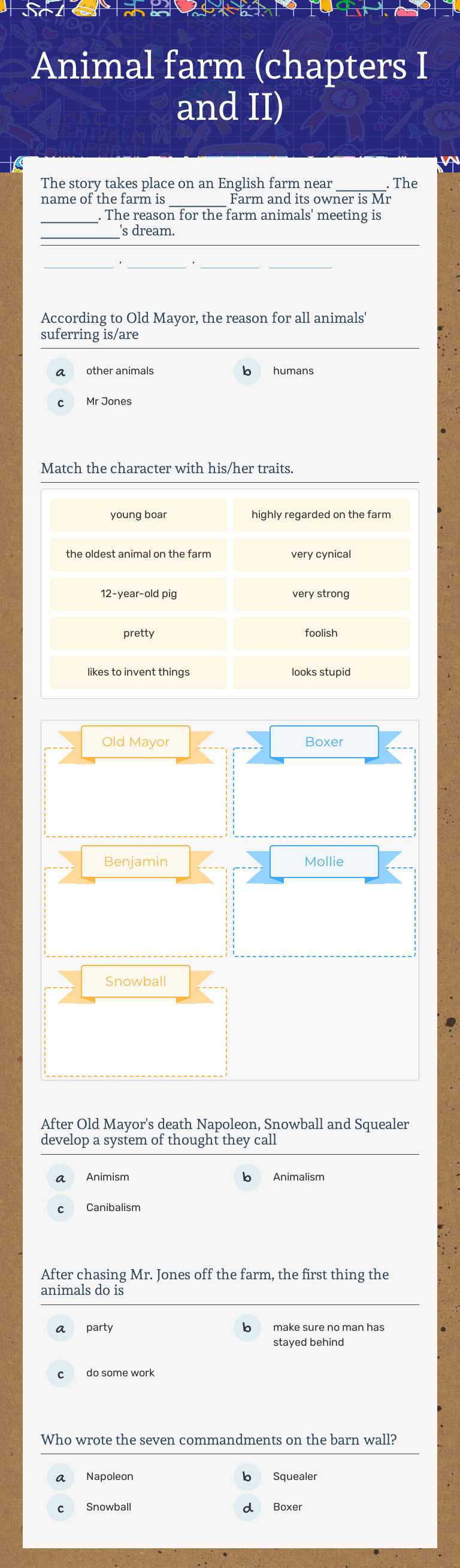 Animal farm (chapters I and II) Other worksheet preview