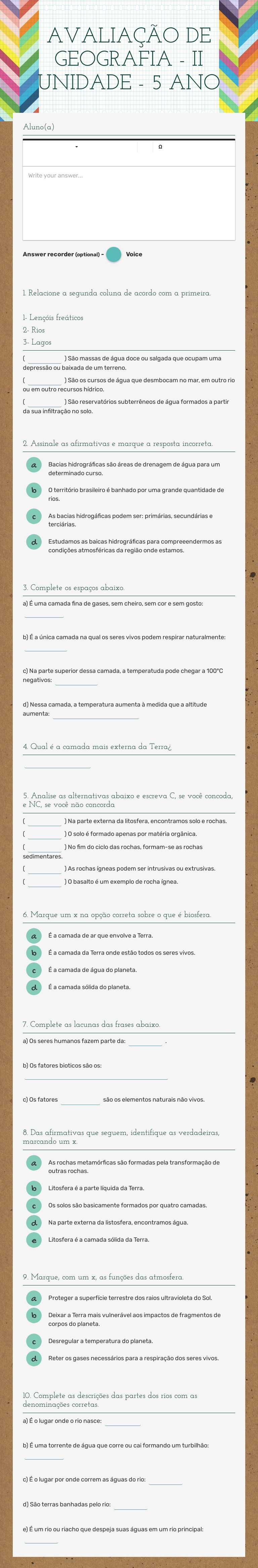 AVALIAÇÃO DE GEOGRAFIA - II UNIDADE - 5 ANO worksheet preview image