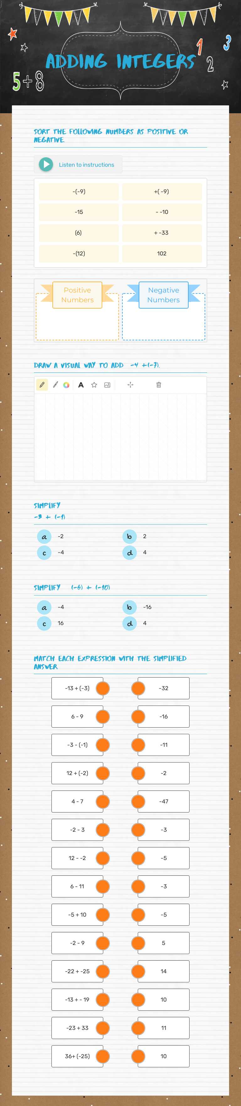 Adding Integers worksheet preview image