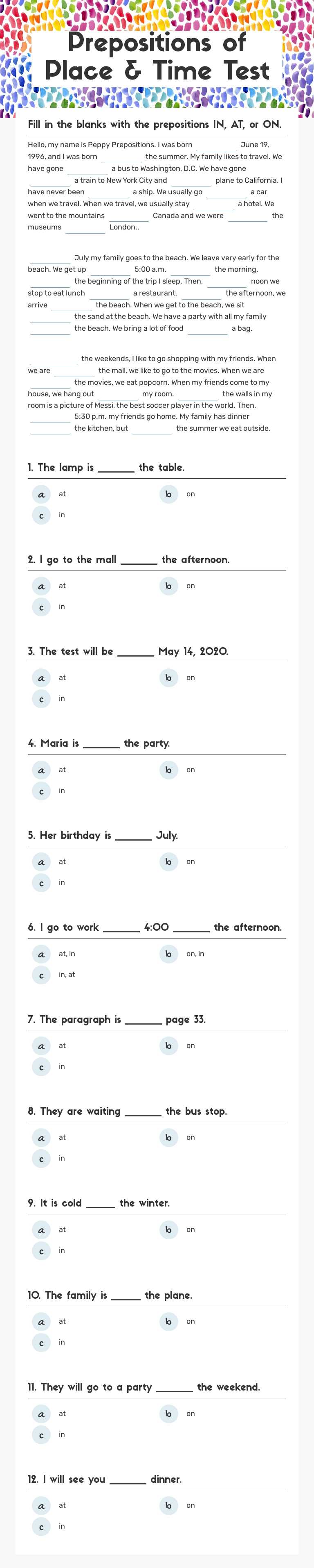 Prepositions of Place & Time Test Grade 4 worksheet preview
