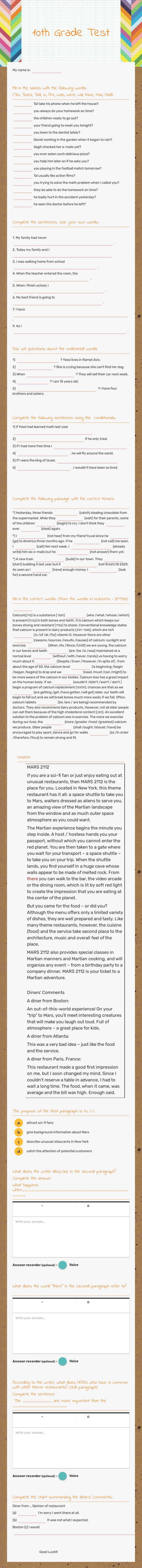 10th Grade Test worksheet preview image