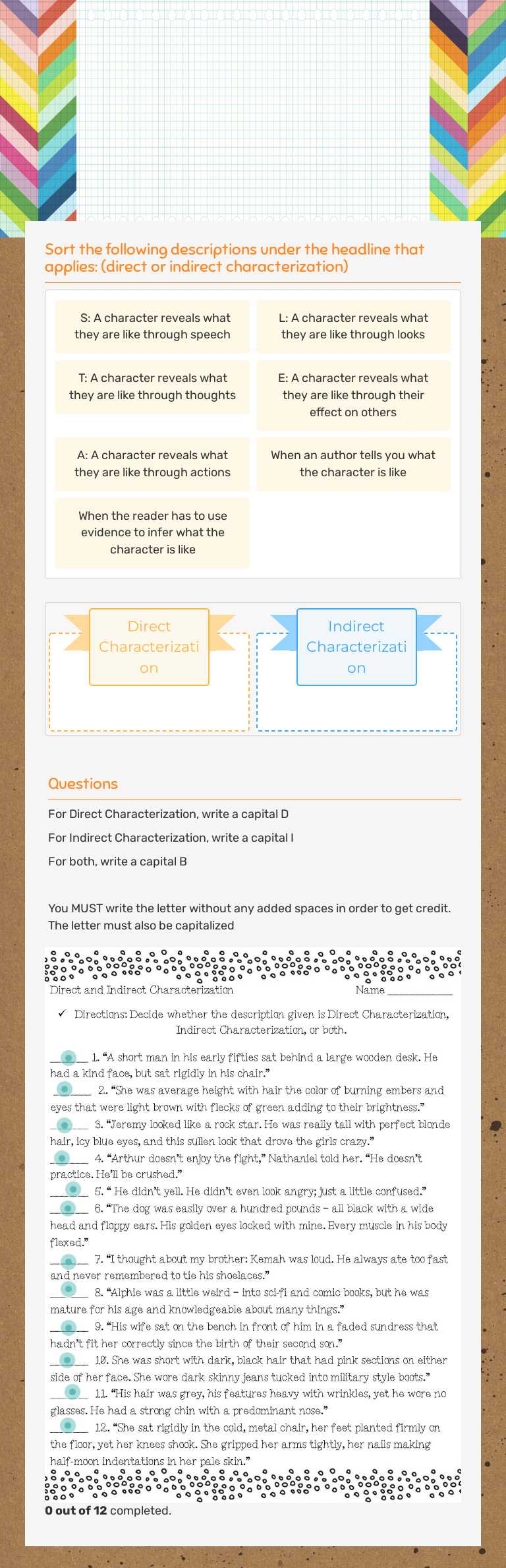 Direct VS Indirect Characterization worksheet preview image
