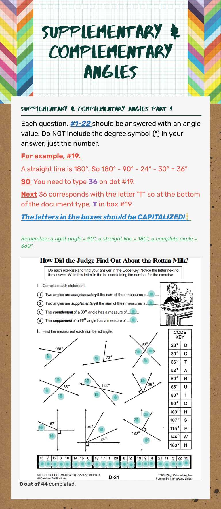 Supplementary & Complementary Angles worksheet preview image