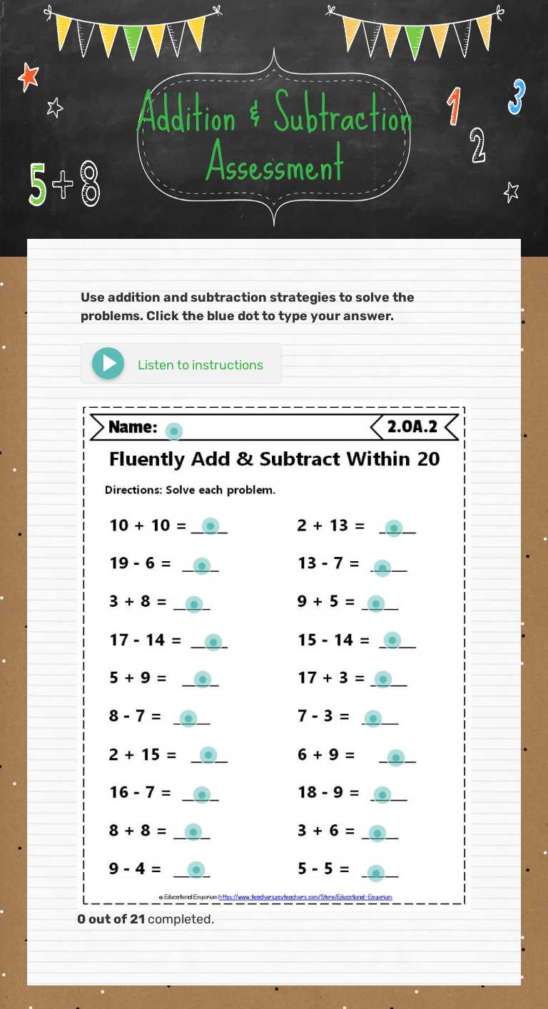 Addition & Subtraction Assessment worksheet preview image