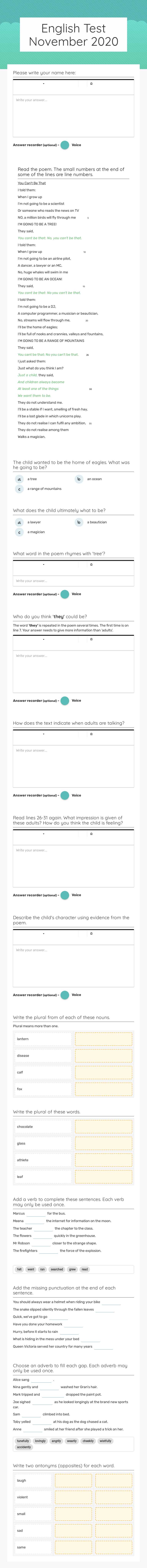 English Test November 2020 worksheet preview image