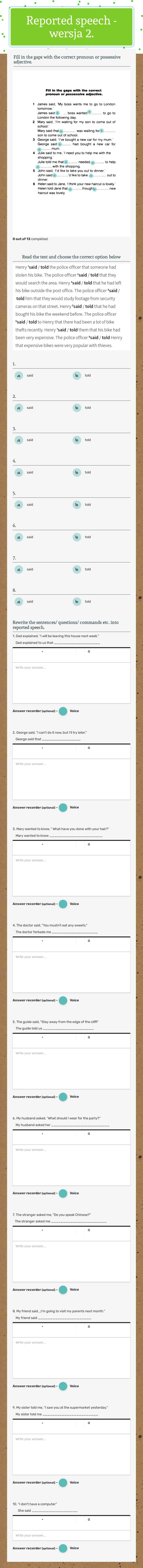 Reported speech - wersja 2. worksheet preview image