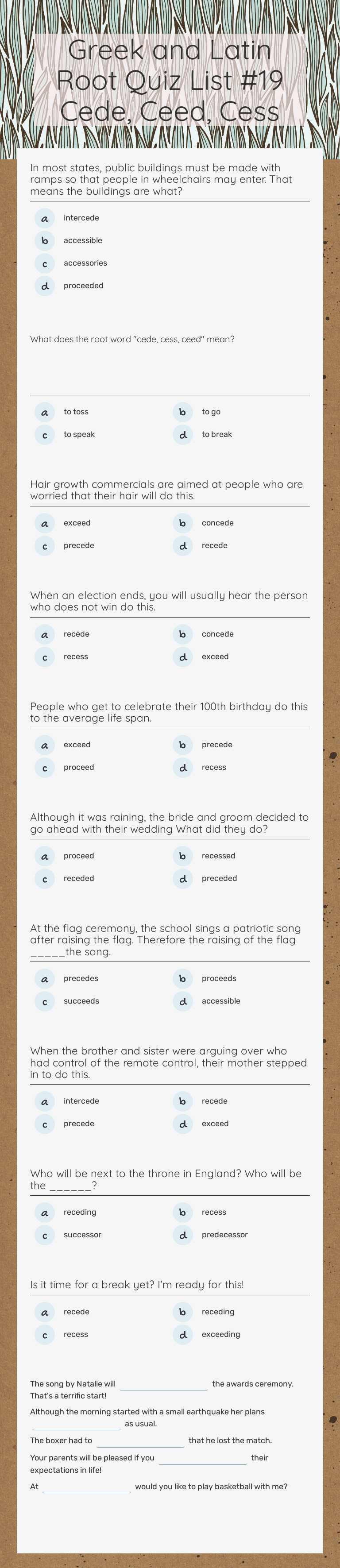 Greek and Latin Root Quiz List #19 Cede, Ceed, Cess worksheet preview image