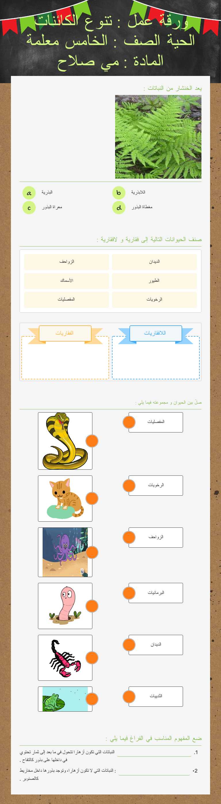 ورقة عمل : تنوع الكائنات الحية
الصف : الخامس
 معلمة المادة : مي صلاح worksheet preview image