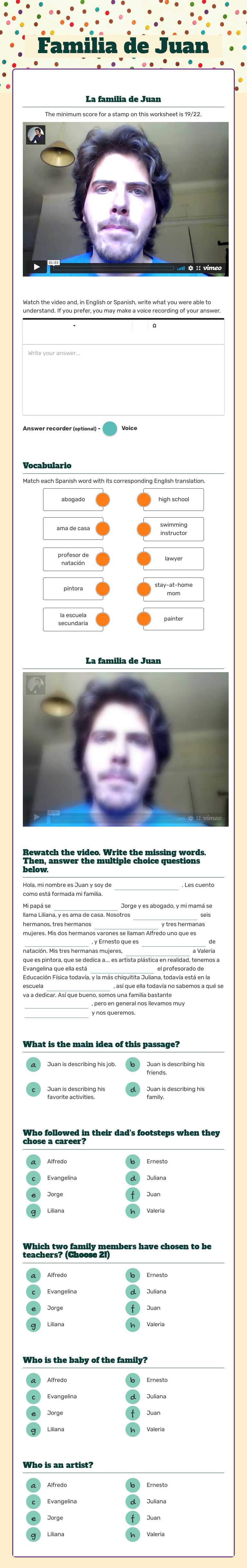 Familia de Juan worksheet preview image