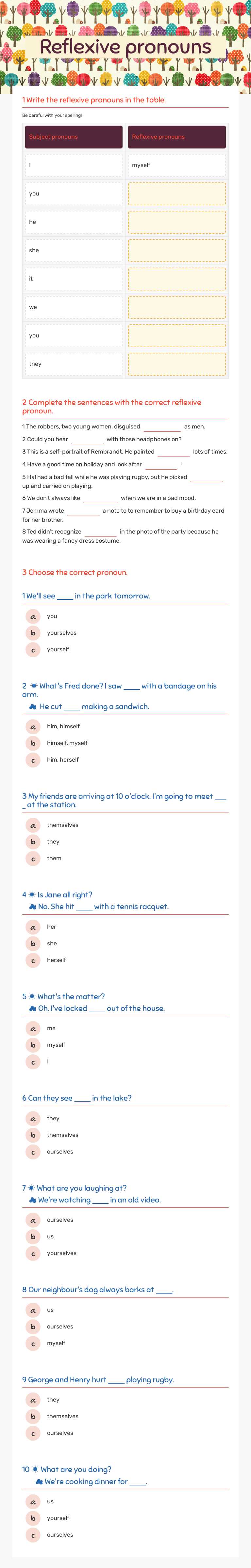 Reflexive pronouns Grade 7 worksheet preview