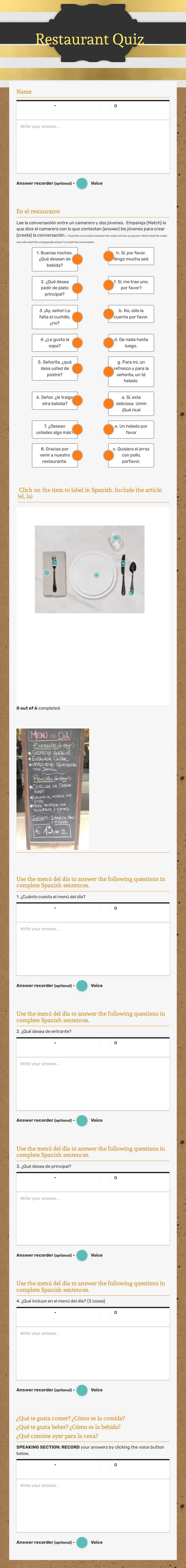 Restaurant Quiz Grade 7 worksheet preview