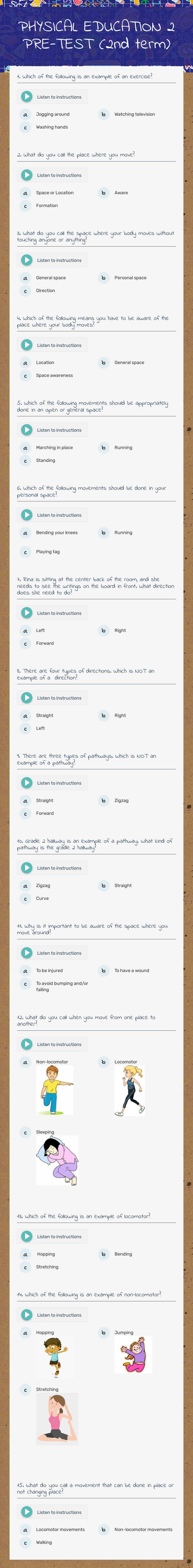 PHYSICAL EDUCATION 2 
PRE-TEST (2nd term) Grade 2 worksheet preview