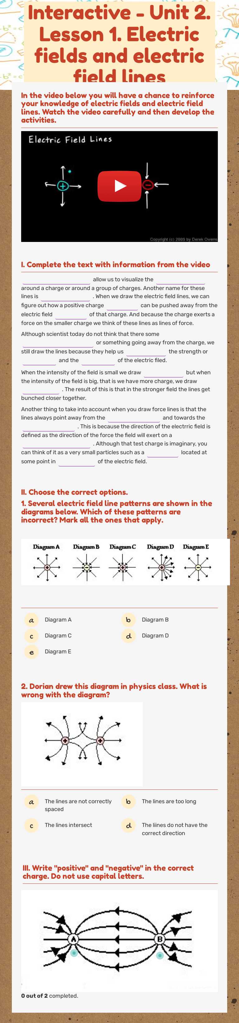 Interactive - Unit 2. Lesson 1. Electric fields and electric field lines worksheet preview image