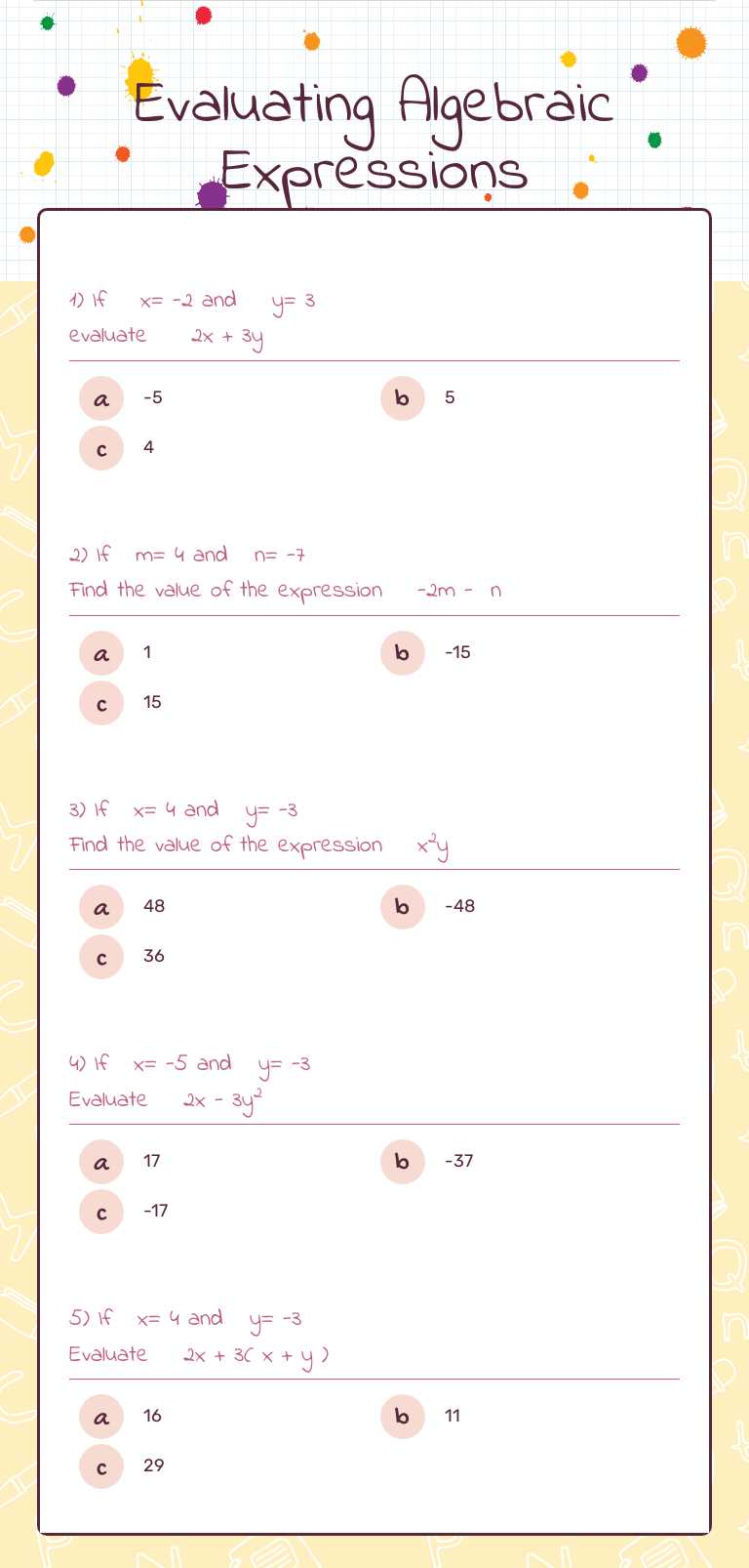 Evaluating Algebraic Expressions worksheet preview image