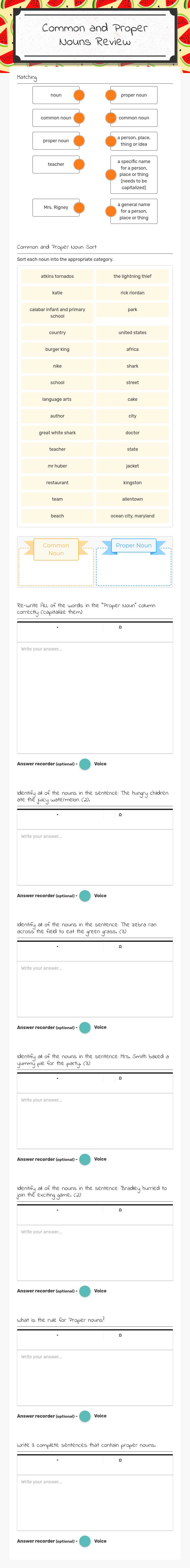 Common and Proper Nouns Review worksheet preview image