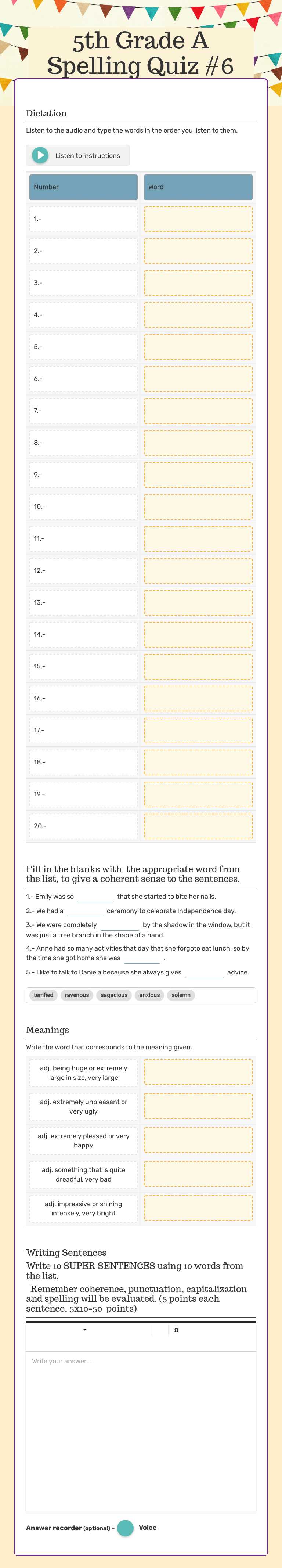 5th Grade A
Spelling Quiz #6 worksheet preview image