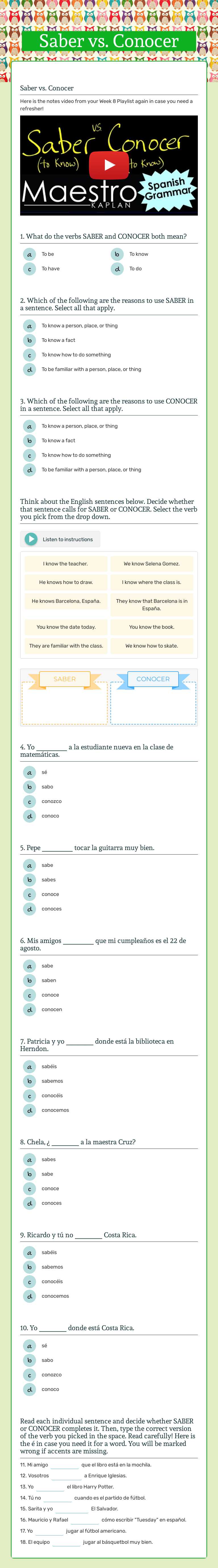 Saber vs. Conocer worksheet preview image