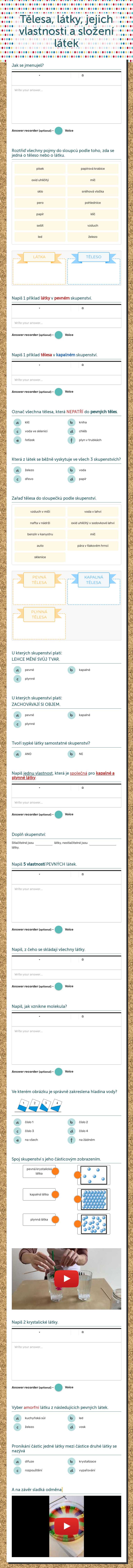 Tělesa, látky, jejich vlastnosti a složení látek worksheet preview image