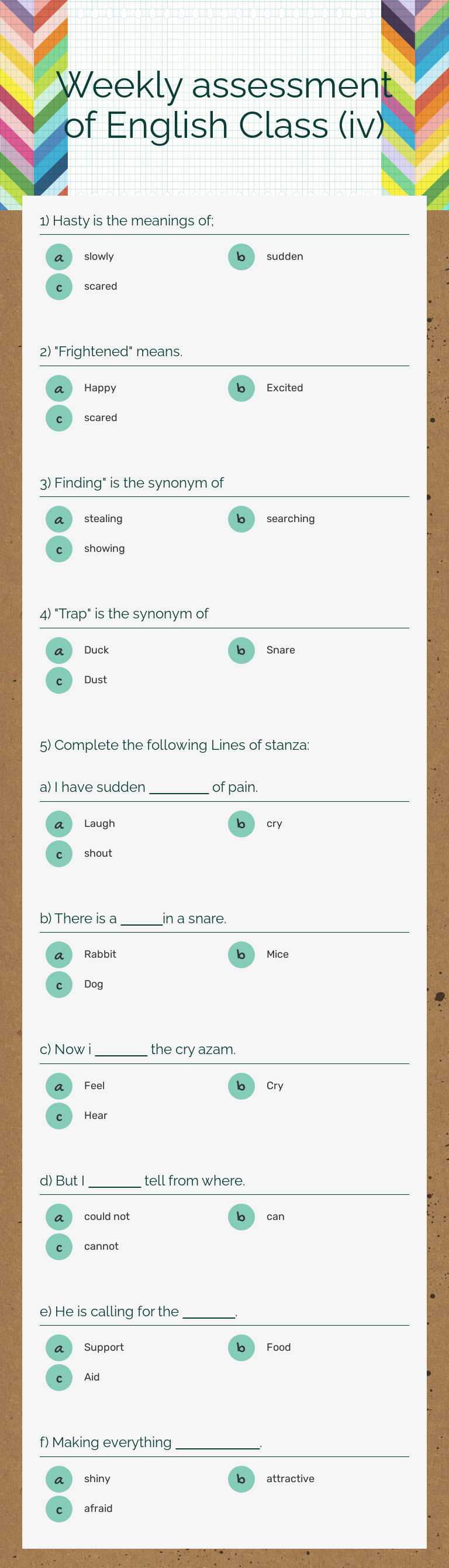 Weekly assessment of English Class (iv) worksheet preview image