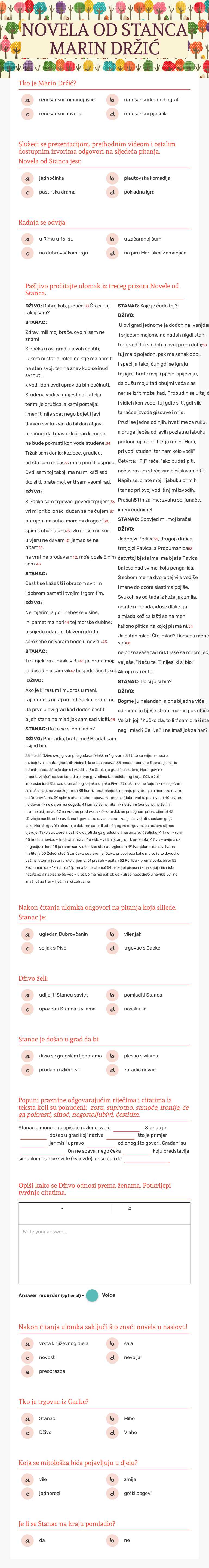 NOVELA OD STANCA      
          MARIN DRŽIĆ Grade 10 worksheet preview