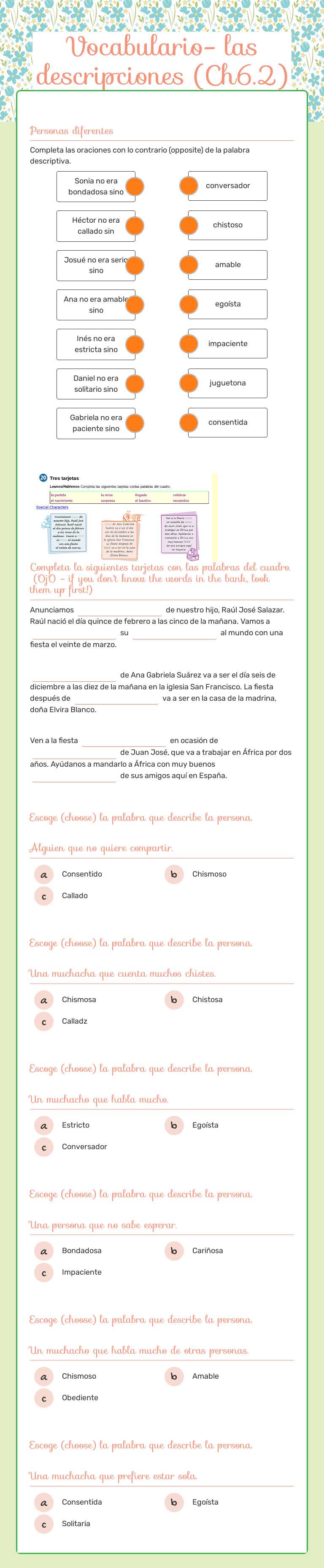 Vocabulario- las descripciones (Ch6.2) Grade 10 worksheet preview