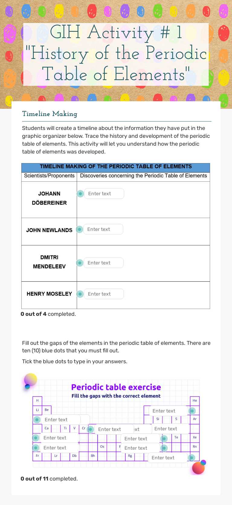 GIH Activity # 1   "History of the Periodic Table of Elements" worksheet preview