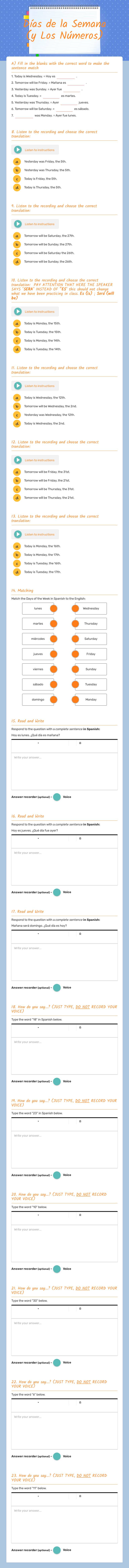 Días de la Semana (y Los Números) worksheet preview image