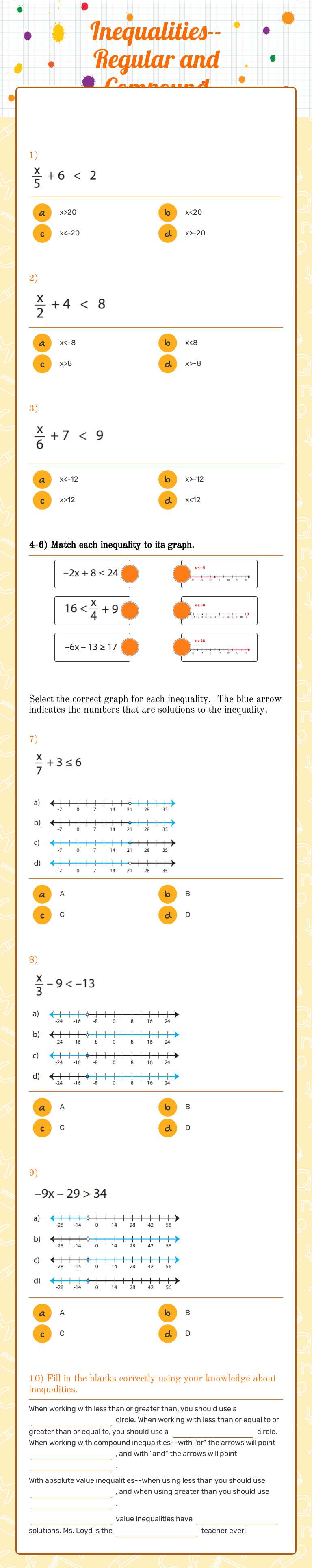 Inequalities--Regular and Compound worksheet preview image