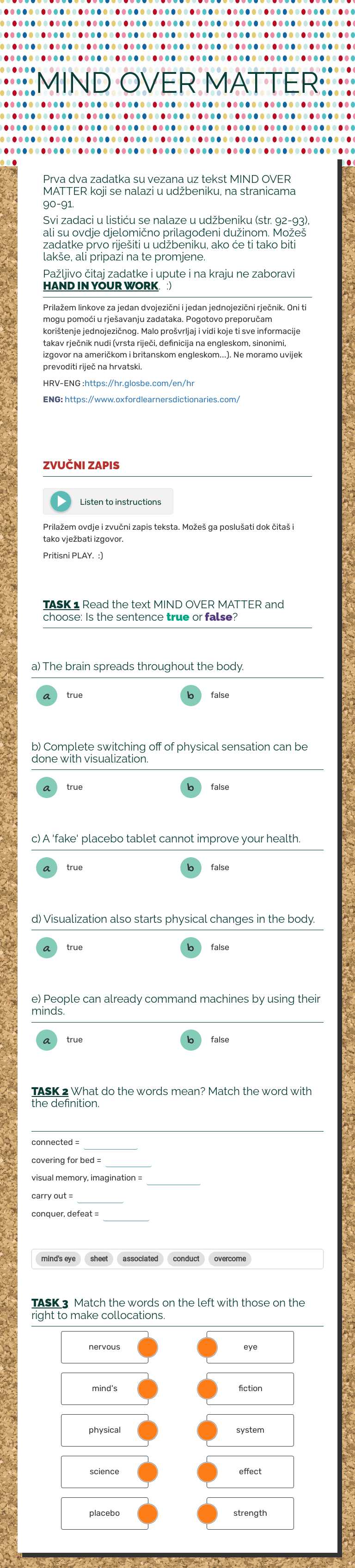 MIND OVER MATTER worksheet preview image