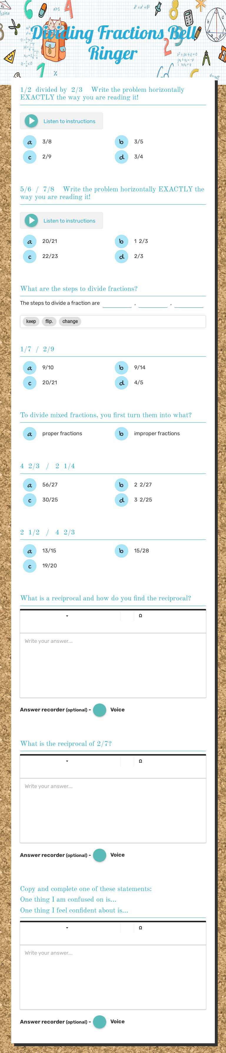 Dividing Fractions Bell Ringer worksheet preview image