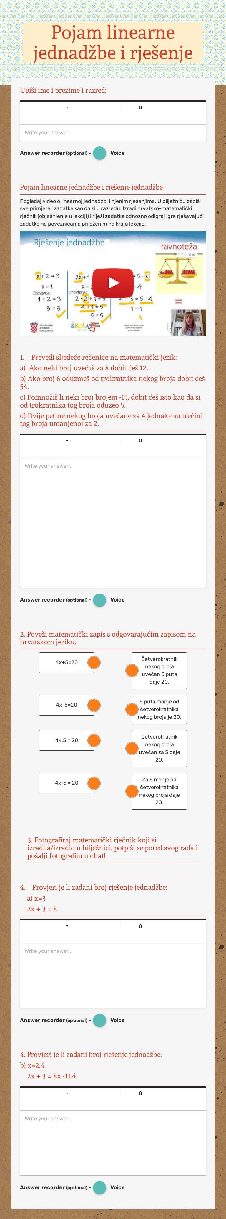 Pojam linearne jednadžbe i rješenje Grade 6 worksheet preview
