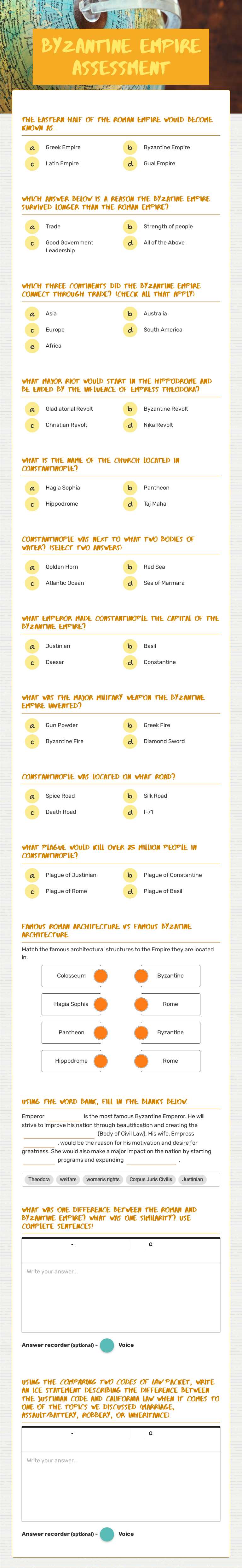 Byzantine Empire Assessment worksheet preview image
