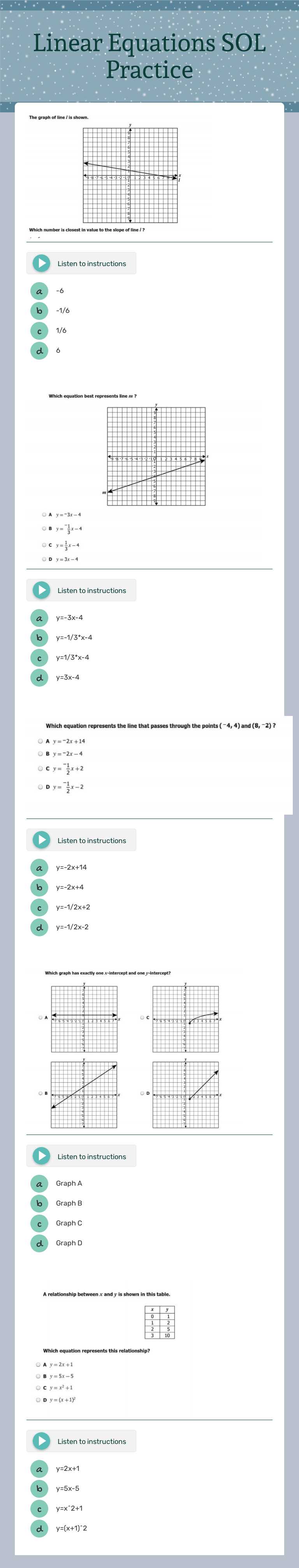 Linear Equations SOL Practice worksheet preview image