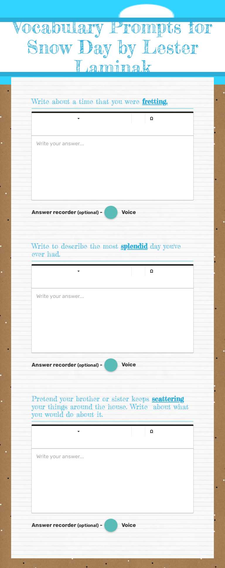 Vocabulary Prompts for 
Snow Day by Lester Laminak worksheet preview image