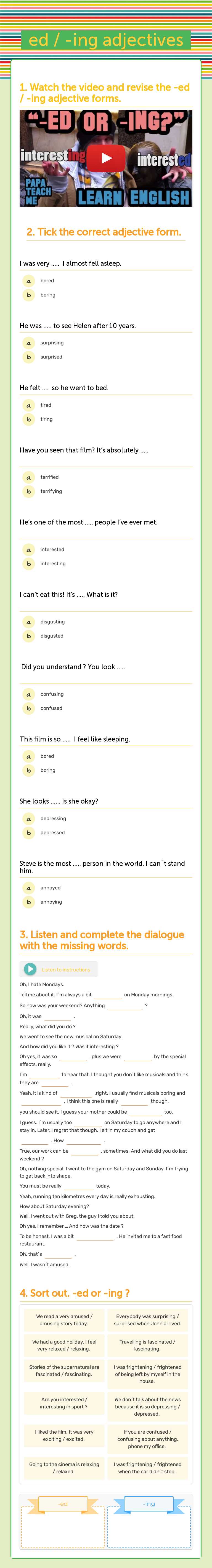 ed / -ing adjectives Grade 8 worksheet preview