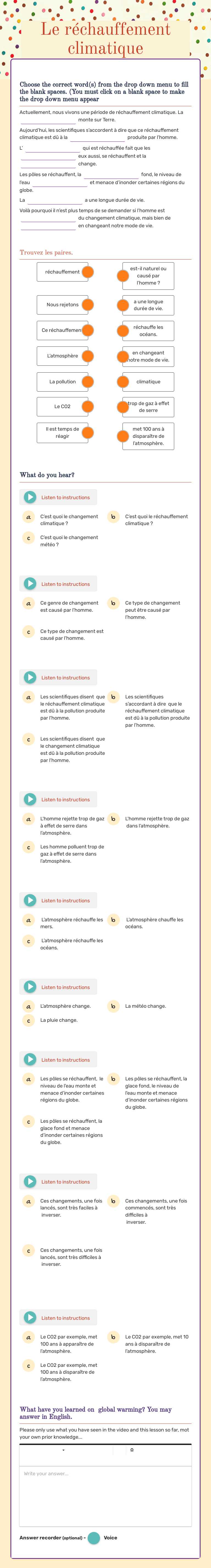 Le réchauffement climatique worksheet preview image