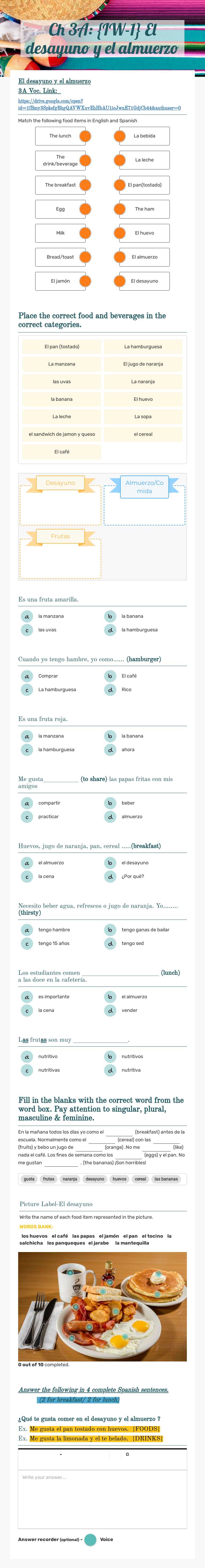 Ch 3A: {IW-1} El desayuno y el almuerzo Grade 10 worksheet preview