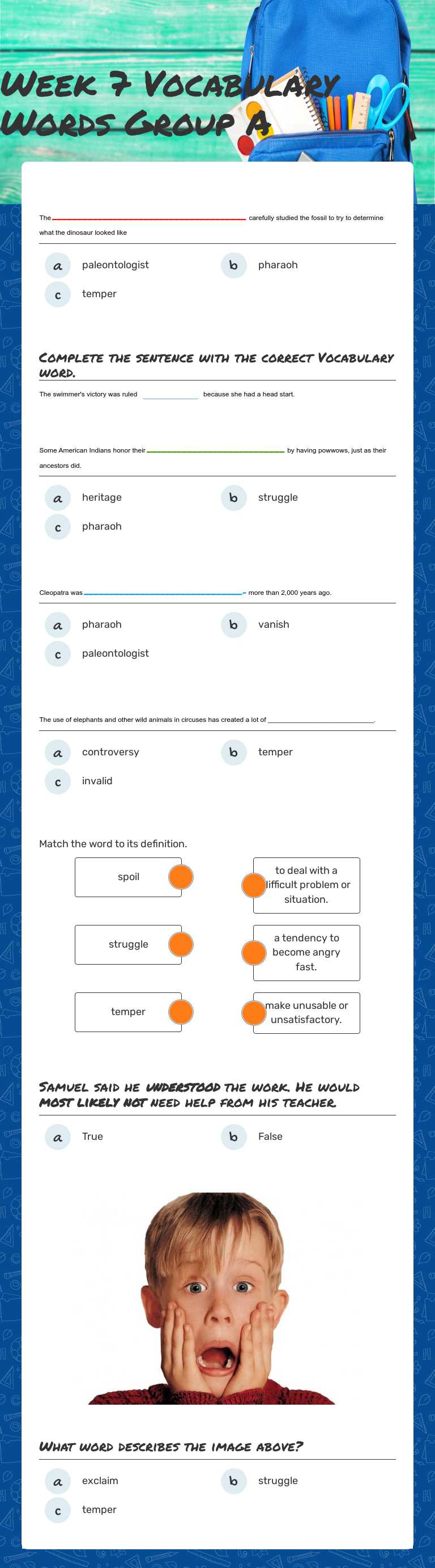 Week 7 Vocabulary Words Group A worksheet preview image