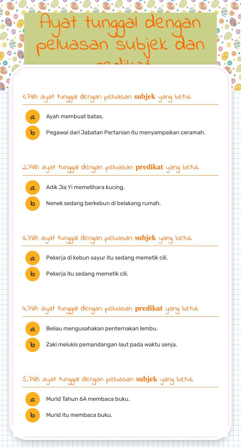 Ayat tunggal dengan peluasan subjek dan predikat. worksheet preview